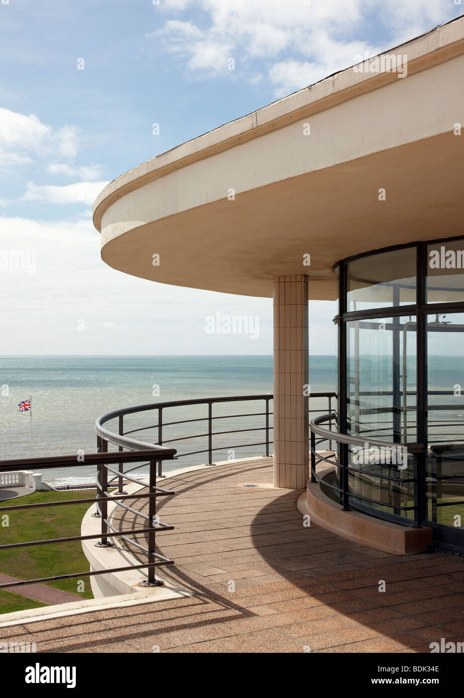 curved handrail balcony of Bexhill pavilion looking out towards English Channel Stock Photo