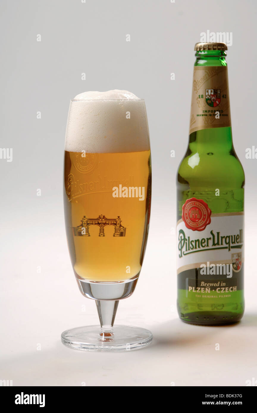Glass and bottle of Pilsner Urquell lager beer Stock Photo Alamy