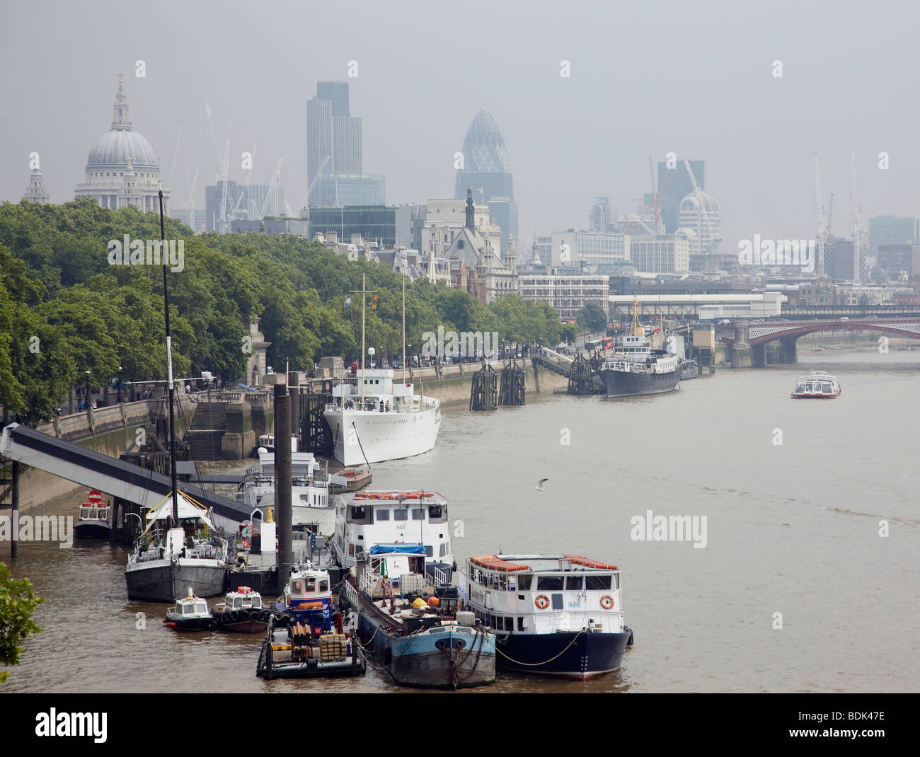 London Skyline shot from Blackfiars Bridge, with a view of St Paul's Tower 42 and the Gerkin. The river Thames in the foreground Stock Photo