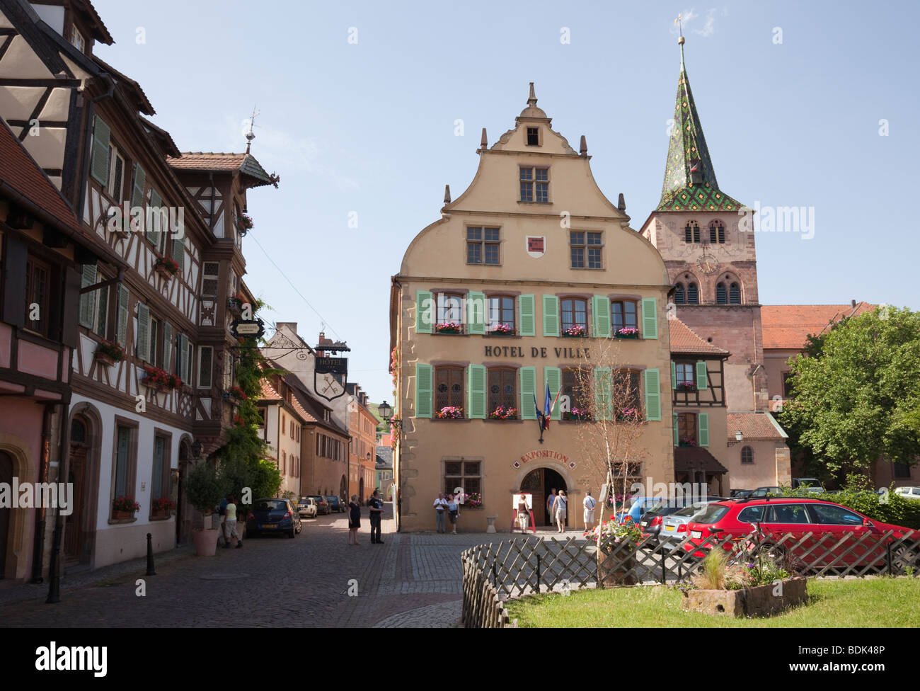 Turckheim Alsace Haut-Rhin France, Europe. Historic buildings and Renaissance Town Hall in picturesque medieval village Stock Photo