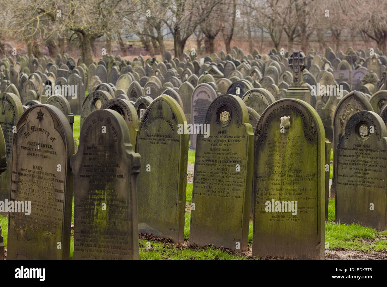 Gravestones in a cemetery in the North of England Stock Photo