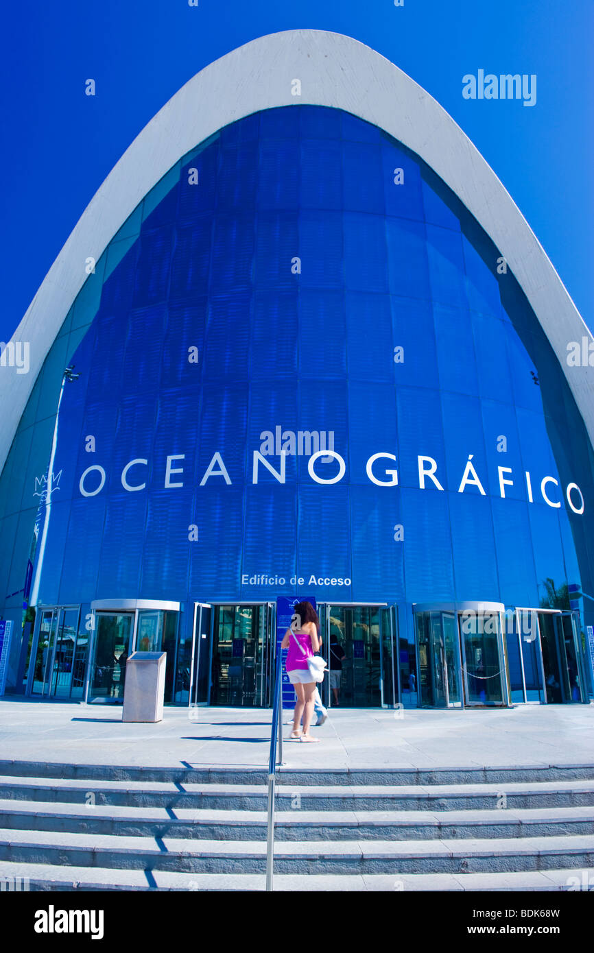 Ciudad de las Artes y las Ciencias , City of Arts & Sciences , Oceanografico / Marine Centre / Center , stars to main entrance Stock Photo