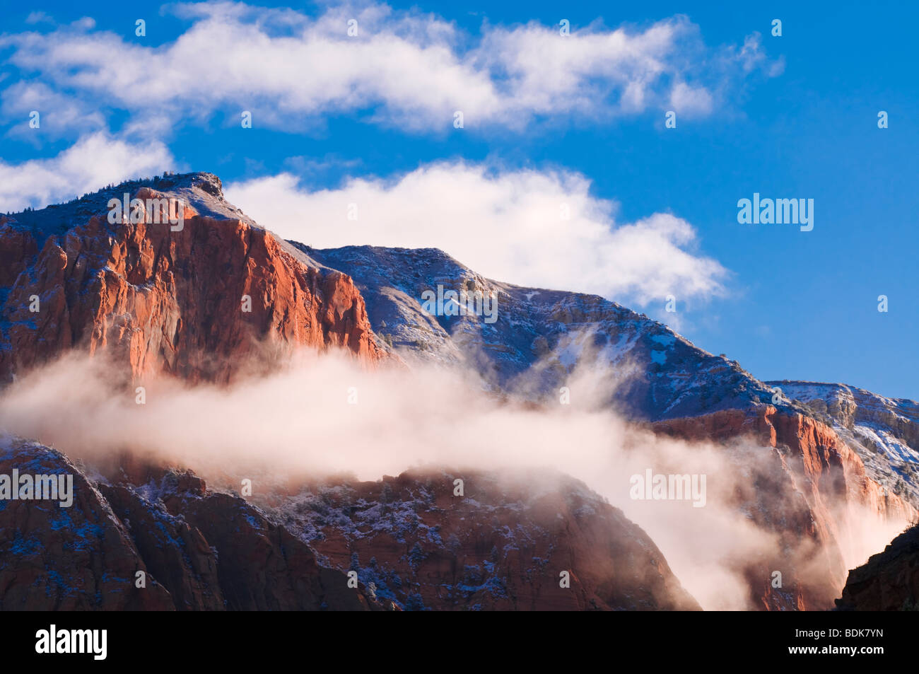 Fresh snow at dawn on the Kolob Canyons, Zion National Park, Utah Stock Photo