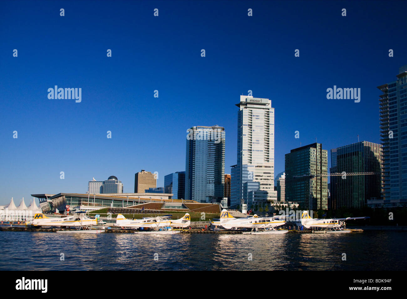 Float Plane Terminal and downtown Vancouver from Coal Harbour, British Columbia, Canada. Stock Photo
