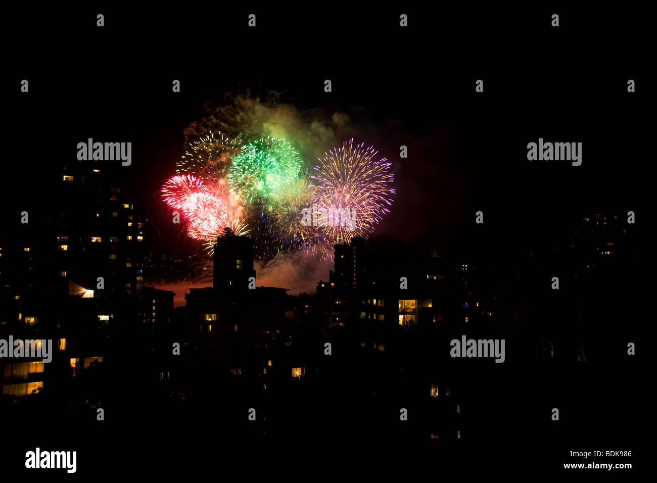 Fireworks during the Canadian portion of the 2009 Celebration of Light, Vancouver, British Columbia, Canada. Stock Photo