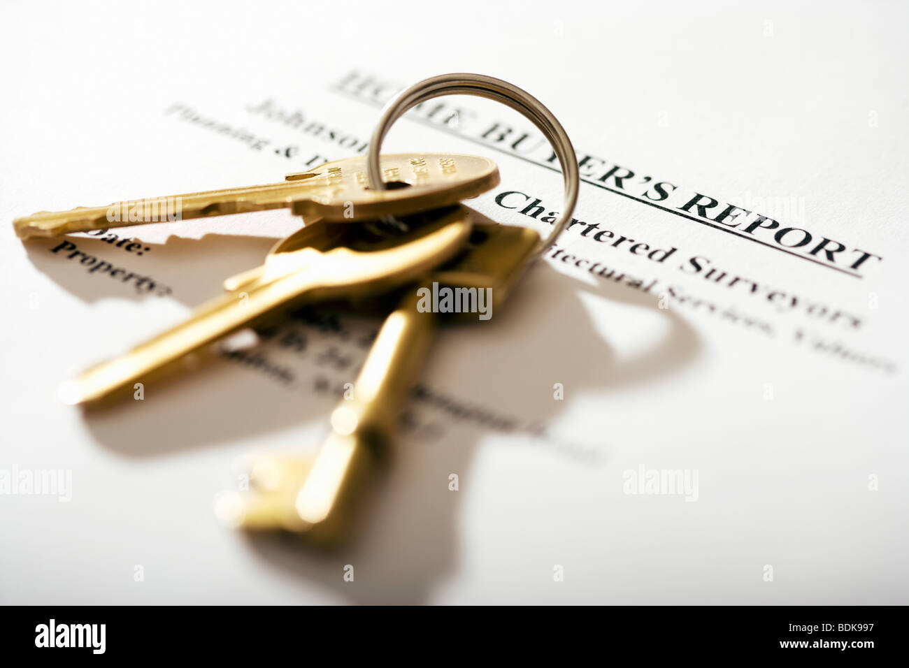 House keys lying on a surveyors report Stock Photo
