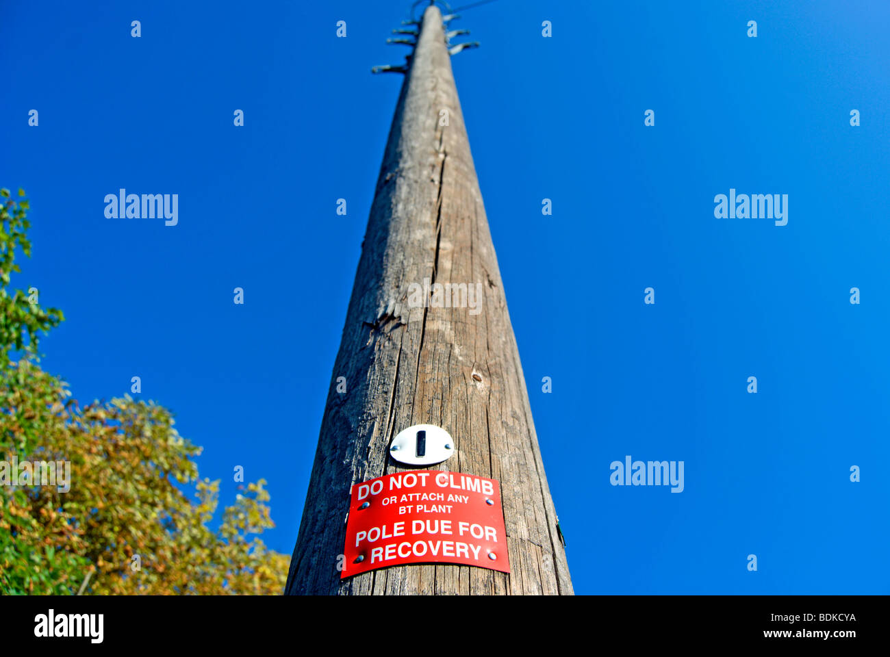 british wooden telegraph pole with do not climb sign and pole due for recovery notice Stock Photo