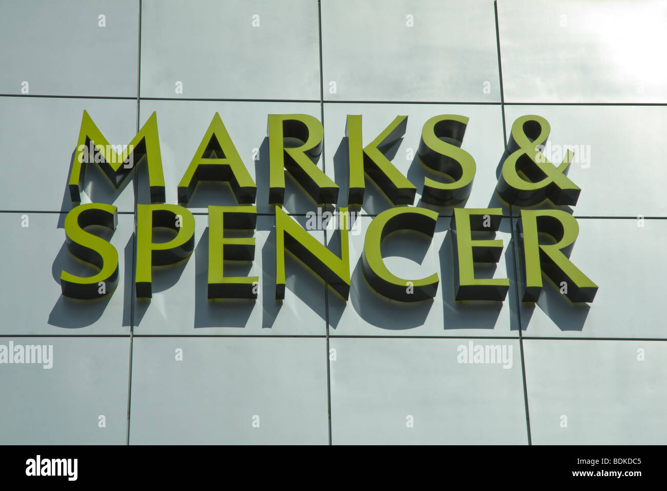 Contemporary building with cladding and retail logo. ( Exterior shot of M&S at The Mall - Cribbs Causeway, Bristol, UK.) Stock Photo