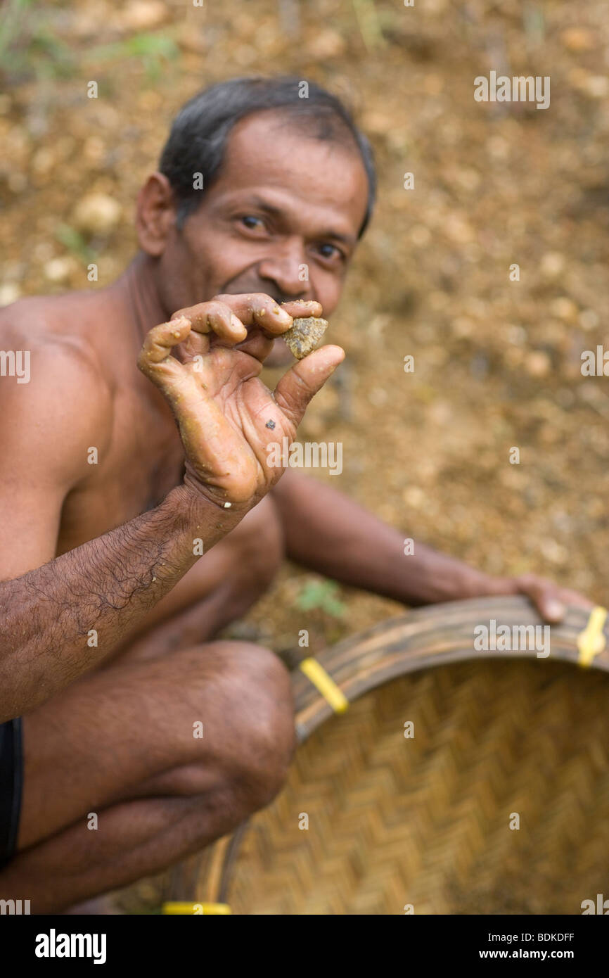 Gemstone miner holding a find from panning basket. Opencast gemstone mine in Ratnapura, SW Sri Lanka. Stock Photo