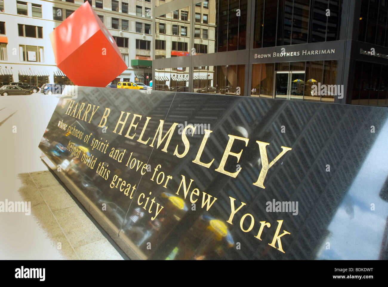 A memorial to Harry B. Helmsley in the plaza of 140 Broadway, one of the buildings in the late real estate moguls portfolio Stock Photo