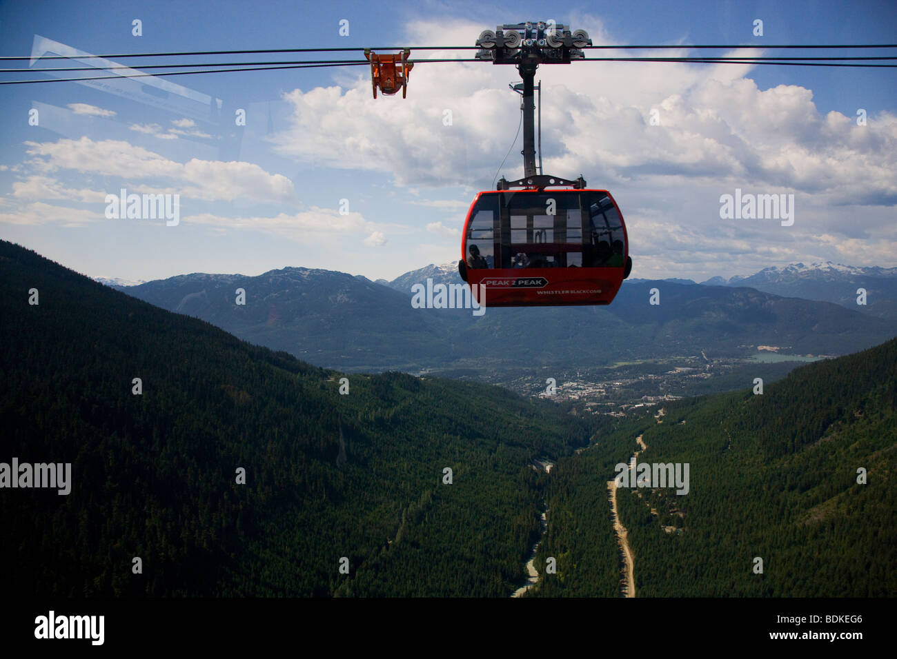 Peak 2 Peak Gondola between Whistler Mountain and Blackcomb, British Columbia, Canada. Stock Photo