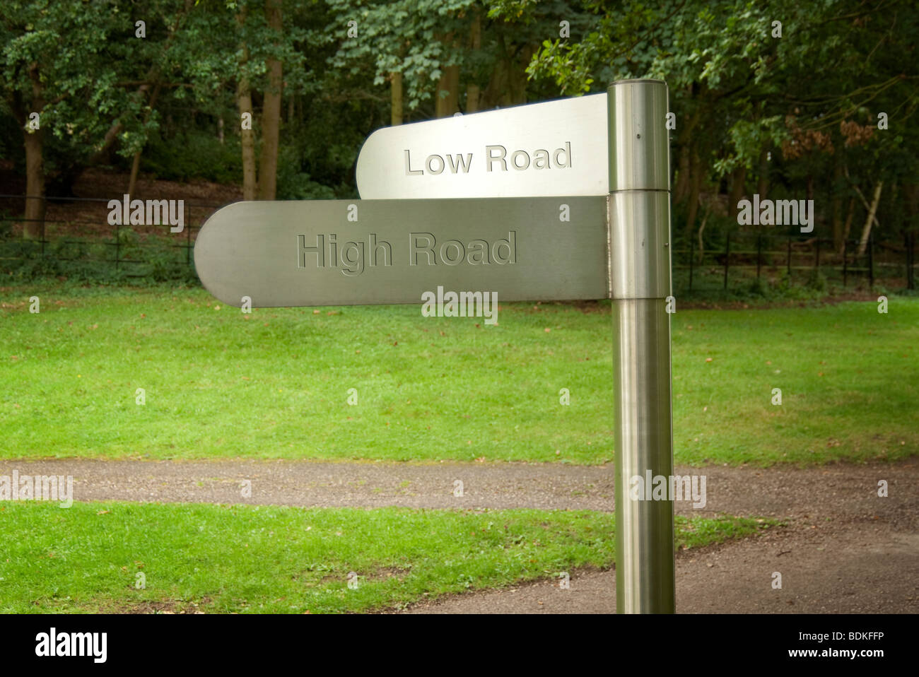 signpost with high road and low road Stock Photo Alamy