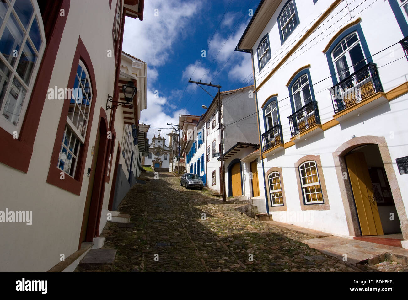 Street with Portuguese colonial buildings in Ouro Preto, historic world heritage city in Minas Gerais, Brazil Stock Photo