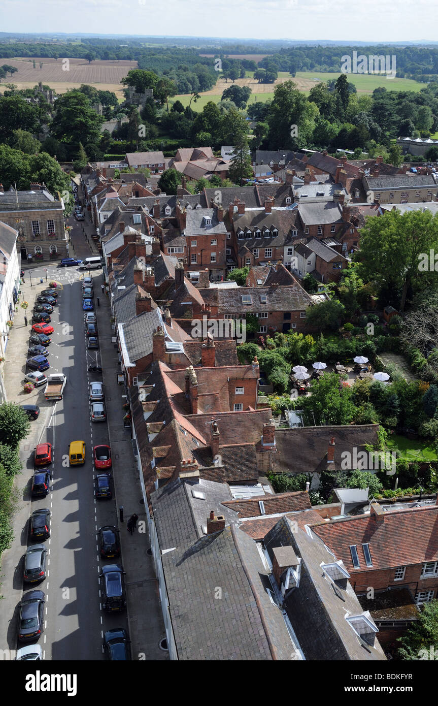 Aerial view of Church Street Warwick England from top of St Marys tower