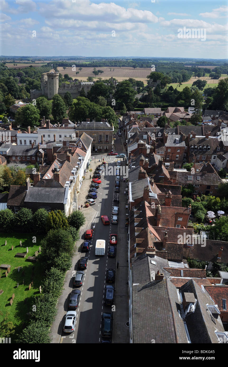 Aerial view of Church Street Warwick England from top of St Marys tower
