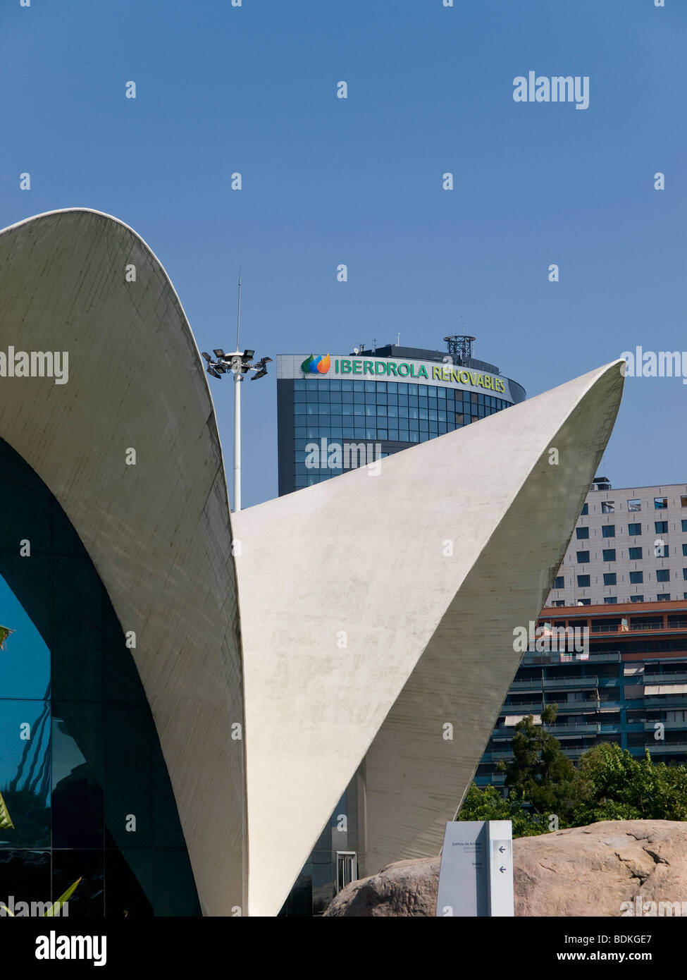 Partial view of Iberdrola Renovables building in Valencia (Spain) seen from l'Oceanografic. Stock Photo