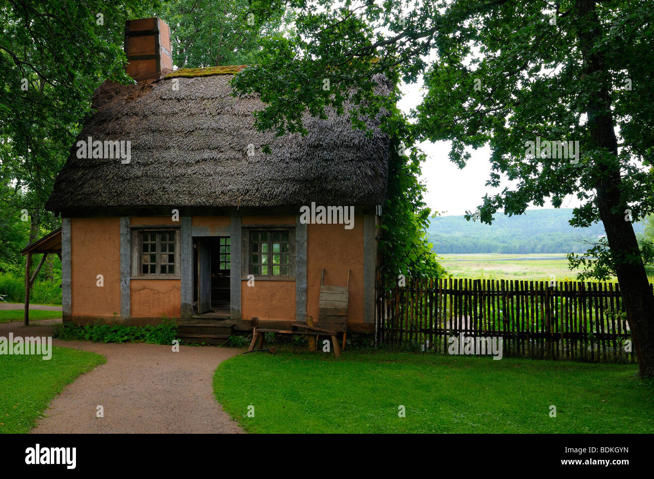 Historic thatched roof Acadian House of French colomy at Annapolis Royal Historic Gardens Nova Scotia Stock Photo