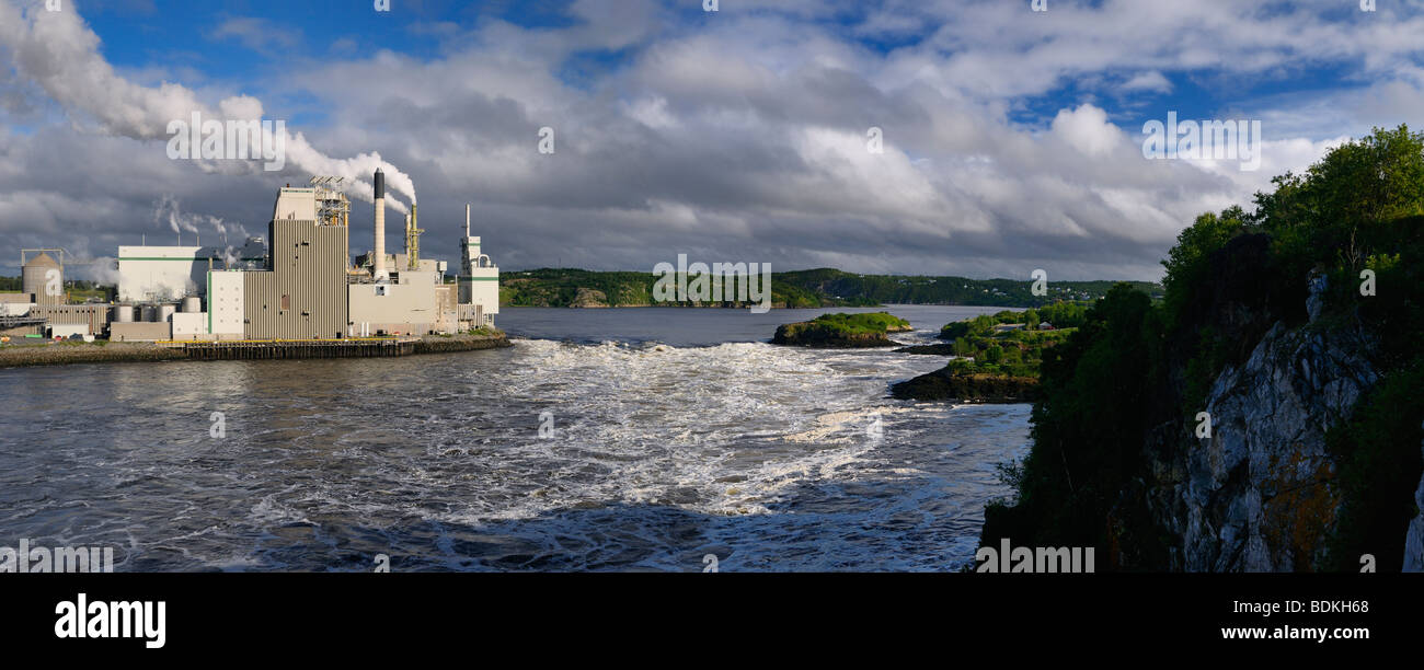 Panorama of Reversing Falls and pulp mill in Saint John New Brunswick at Bay of Fundy low tide Stock Photo