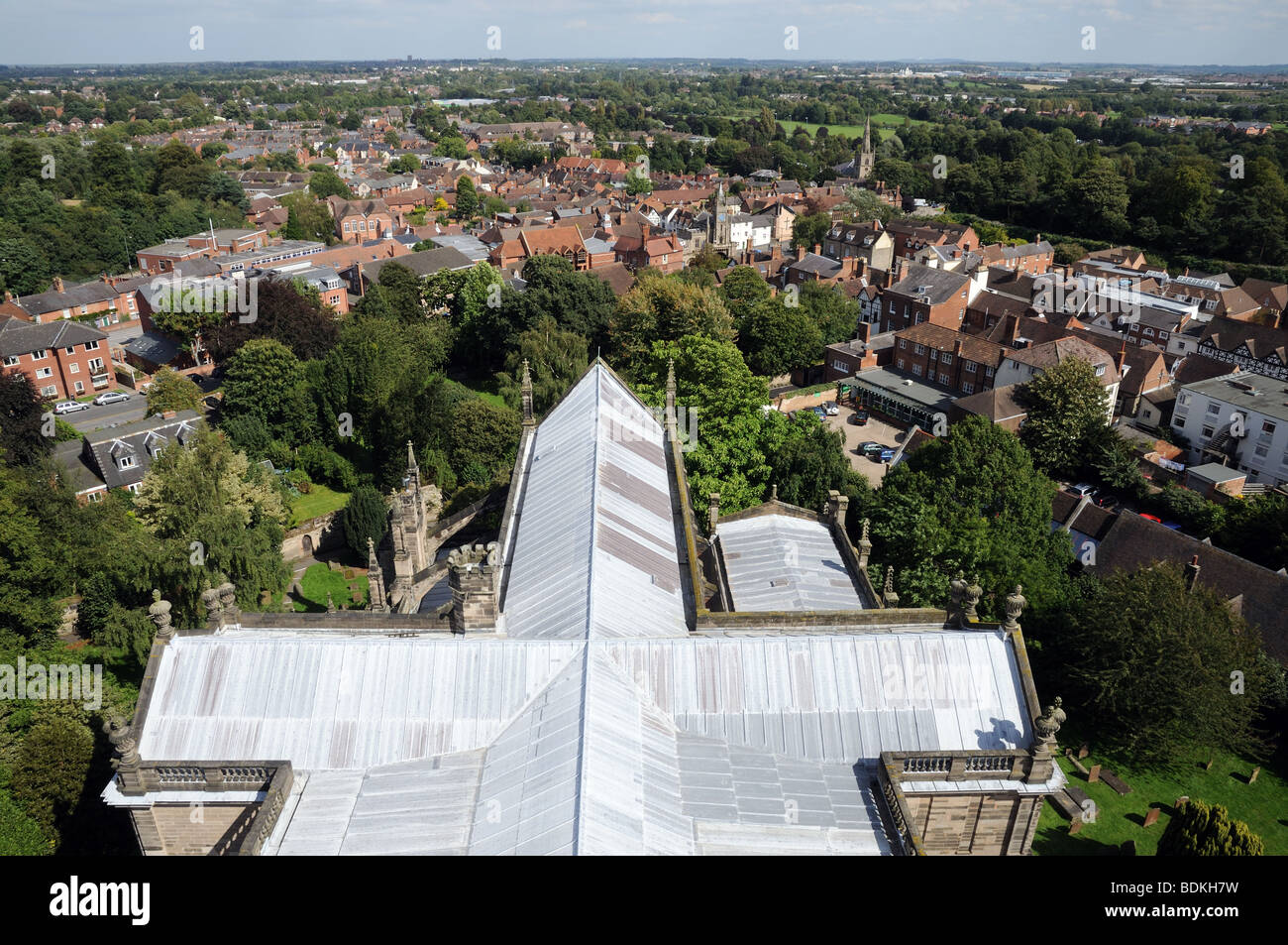 Lead roof of St Mary’s Church from top of church tower Warwick England Stock Photo