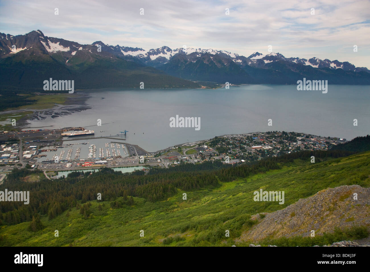 Looking down on city of Seward from Mt. Marathon, Seward, Alaska. Stock Photo
