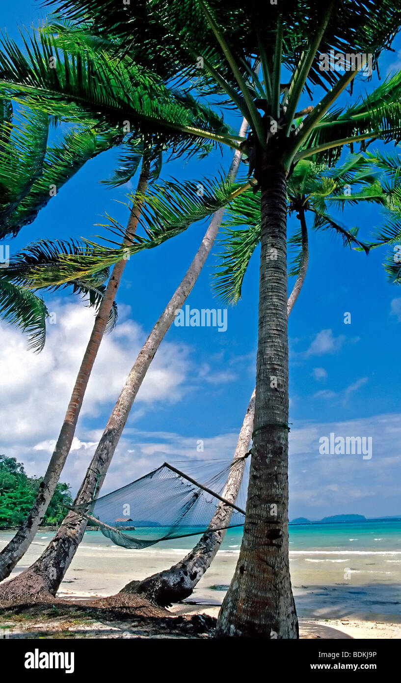 An inviting hammock on Uepi Island in the beautiful Marovo Lagoon in the Western Province of the Solomon Islands Stock Photo
