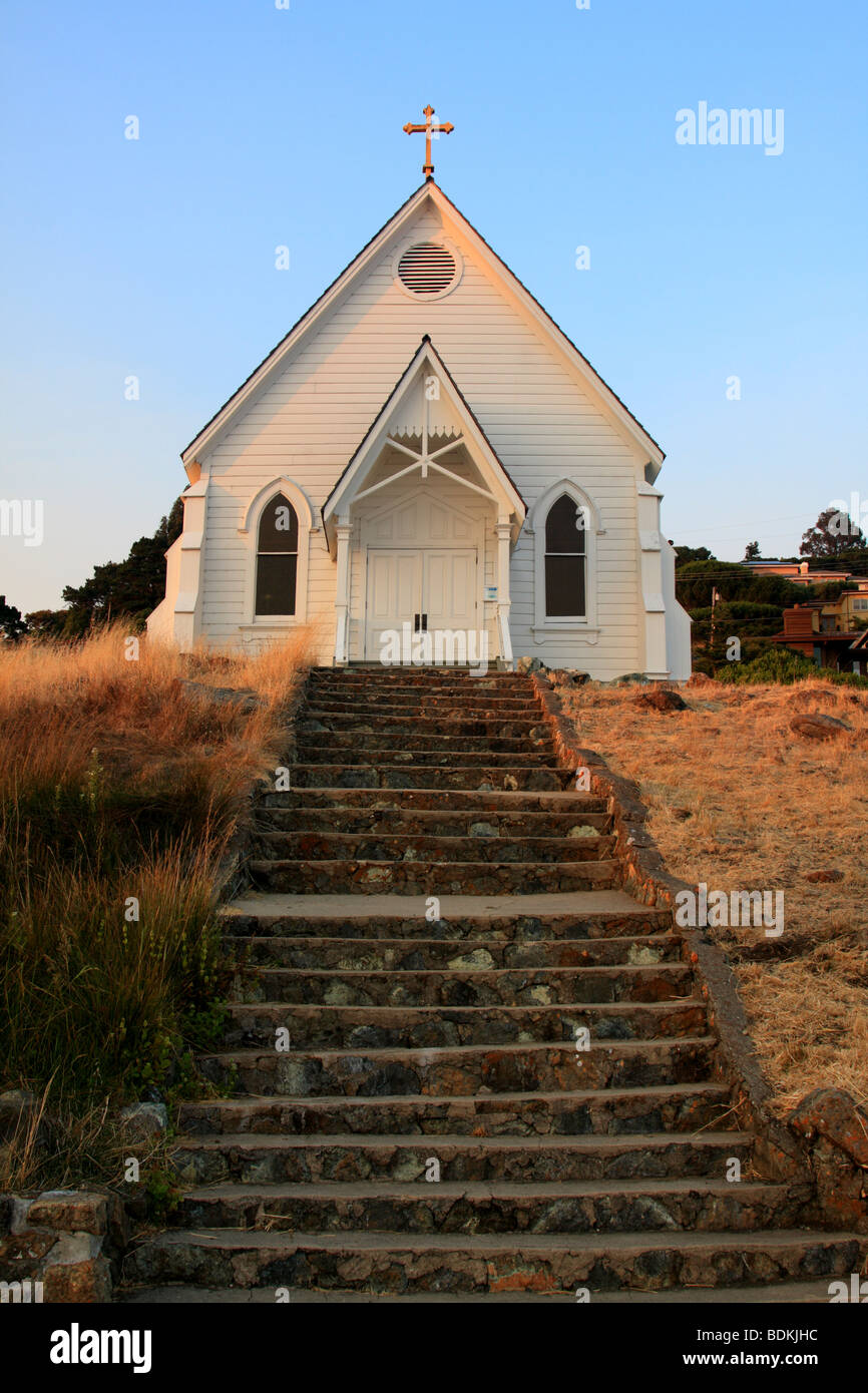 Old St.Hilary's church in Tiburon, California. Built in 1888 it is one of the last examples of the Carpenter Gothic style. Stock Photo