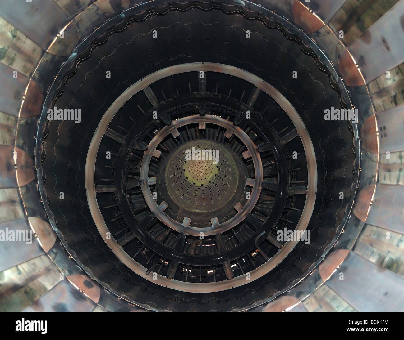 Turbine of military airplane from within, close up, metallic blades and circles, symmetric patterns Stock Photo