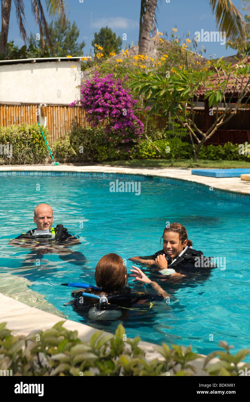 Indonesia, Lombok, Gili Trawangan, trainee scuba divers receiving ...