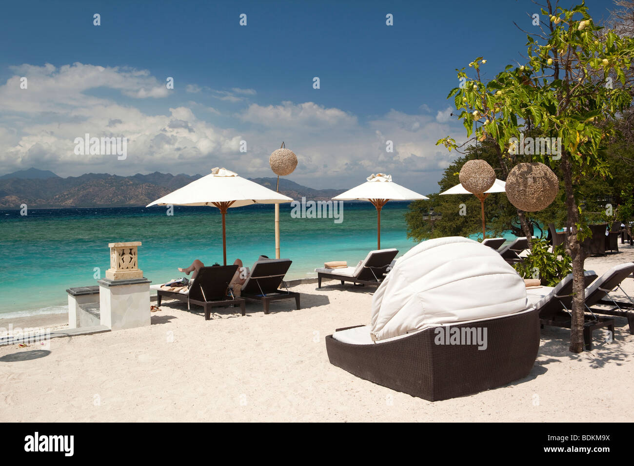 Indonesia, Lombok, Gili Trawangan, private hotel sunbathing area above the beach Stock Photo