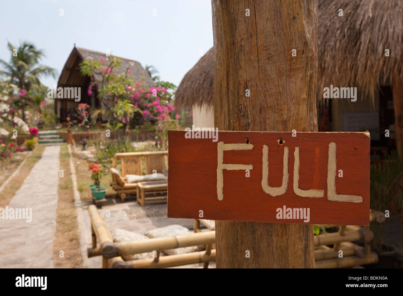 Indonesia, Lombok, Gili Trawangan, budget accommodation entrance full sign Stock Photo