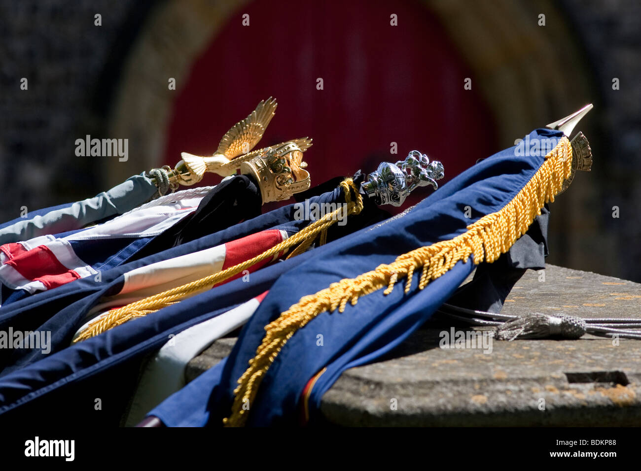 Flags and military standards at funeral of Henry Allingham, one of only
