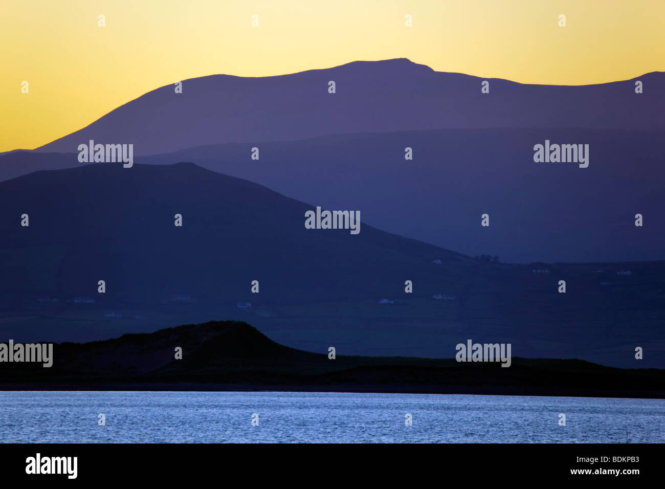 inch and the dingle peninsula from glenbeigh; ireland; sunset Stock
