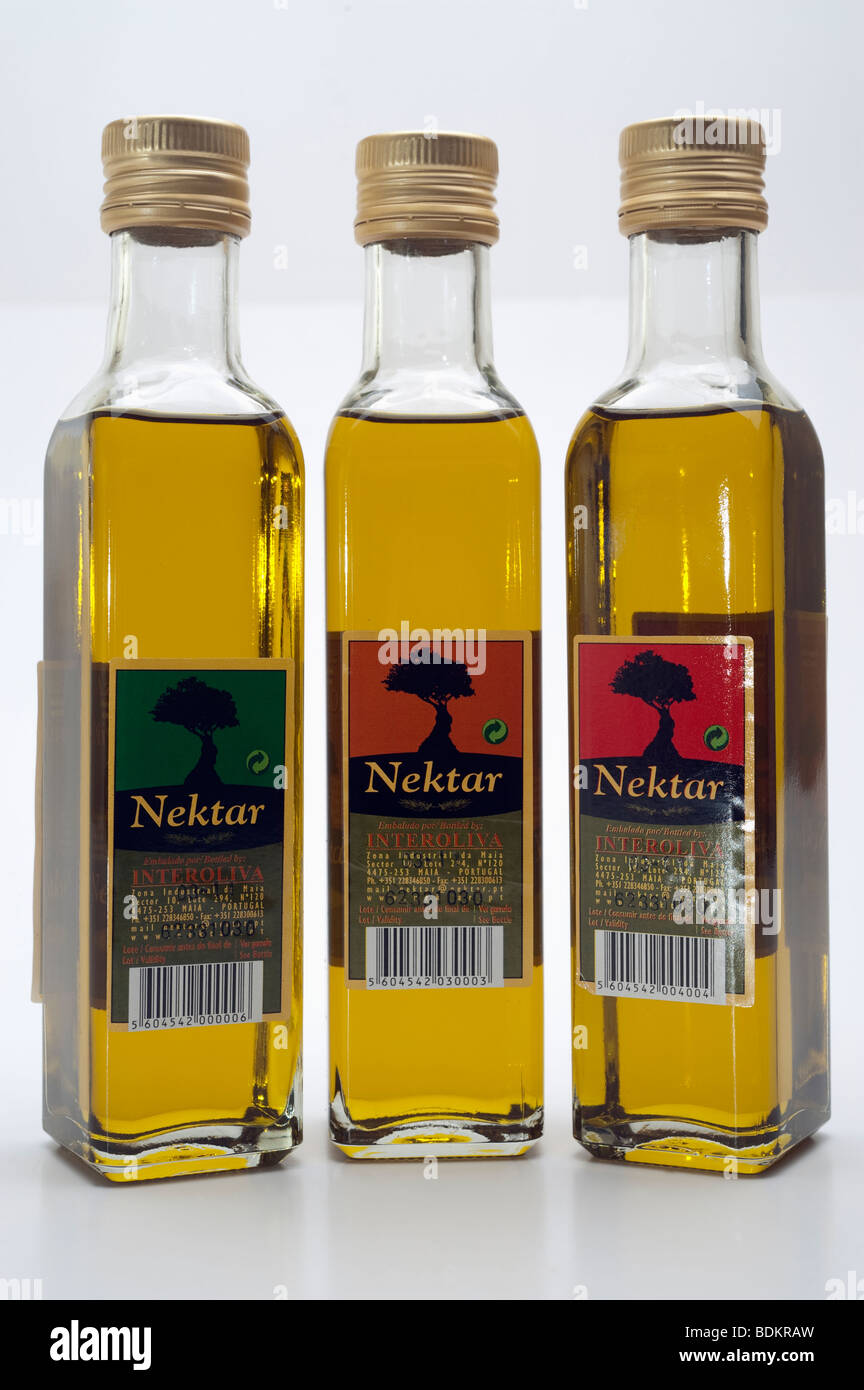 Three bottles of different flavoured 'Nektar Olive Oil', suave,intenso and classico Stock Photo