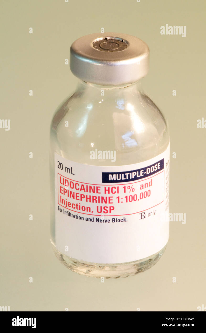 vial of lidocaine hydrochloride with epinephrine, a drug used as a local anesthetic for procedures such as suturing lacerations Stock Photo
