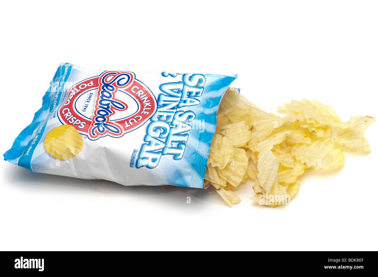 An opened packet of 'salt and vinegar 'potato crinkle crisps Stock Photo