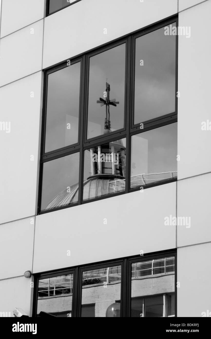 Reflection of Milton Keynes Church in office windows , Buckinghamshire , England , UK Stock Photo