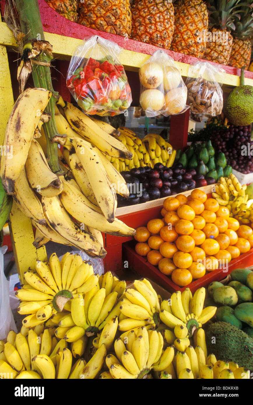 Fruit on display at produce stand in Plaza de la Darsena, Paseo la Princesa, Old San Juan, Puerto Rico. Stock Photo