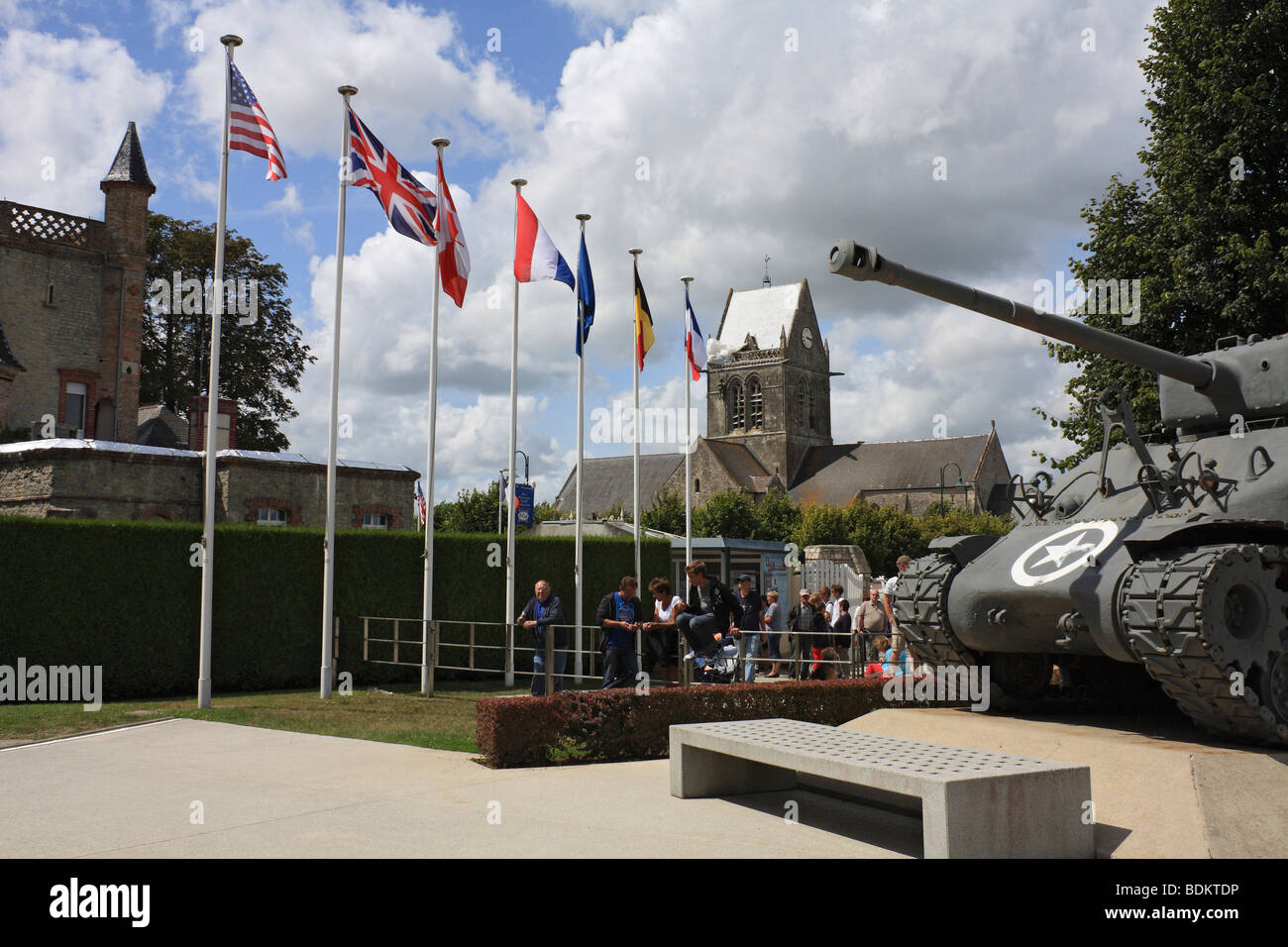 The church at St Mere Eglise and the Airborne Museum Normandy France Stock Photo Alamy