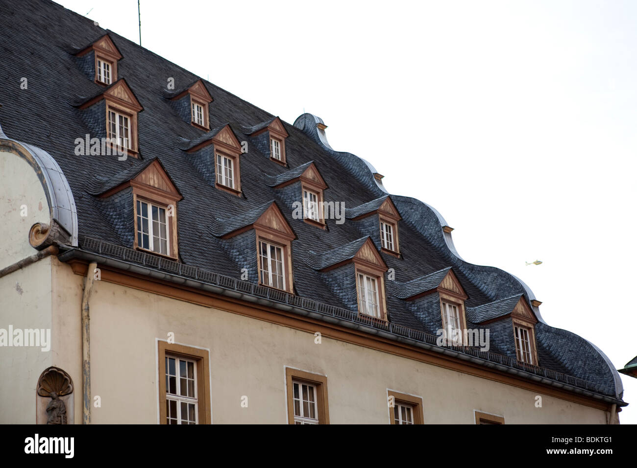 Crow stepped gable roof with lots of windows in it. Koblenz, Rhineland-Palatinate, Germany Stock Photo