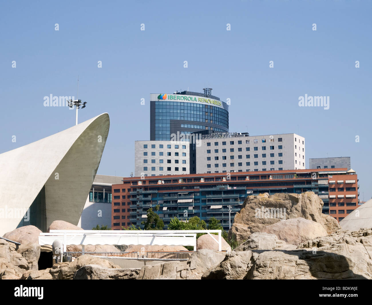 Iberdrola Renovables building in Valencia (Spain) seen from l'Oceanografic. Stock Photo