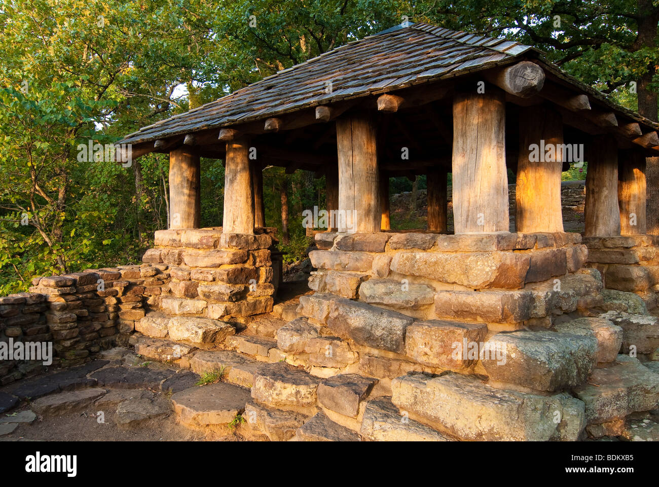 CCC Scenic Overlook overlooking Lee Creek Valley in Devil's Den State Park, Arkansas built with native stones and logs. Stock Photo