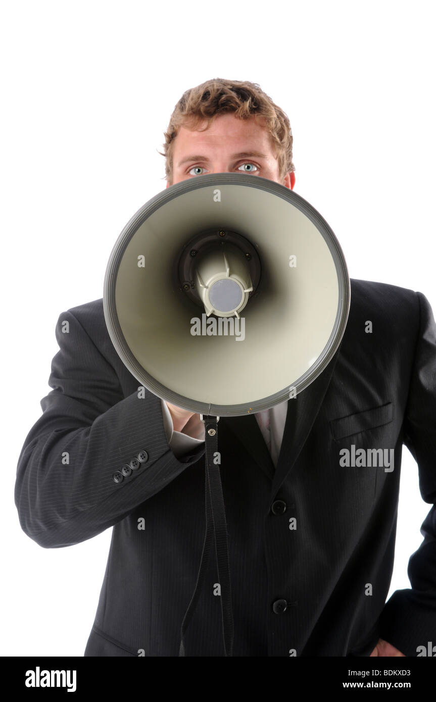Man using a megaphone isolated over a white background Stock Photo - Alamy