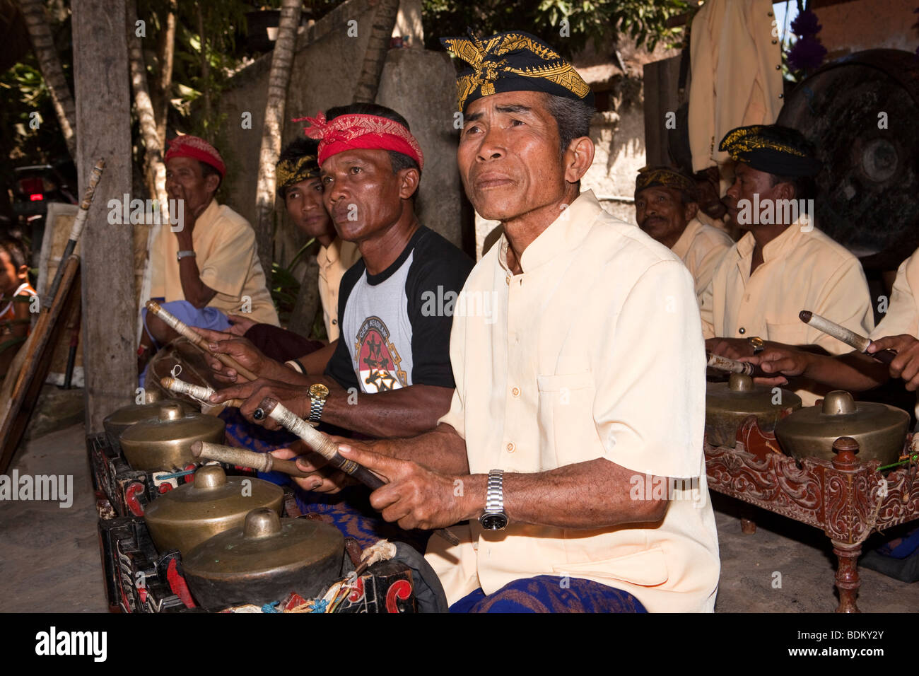Indonesia, Lombok, Sade, traditional Sasak gamelan orchestra musicians Stock Photo