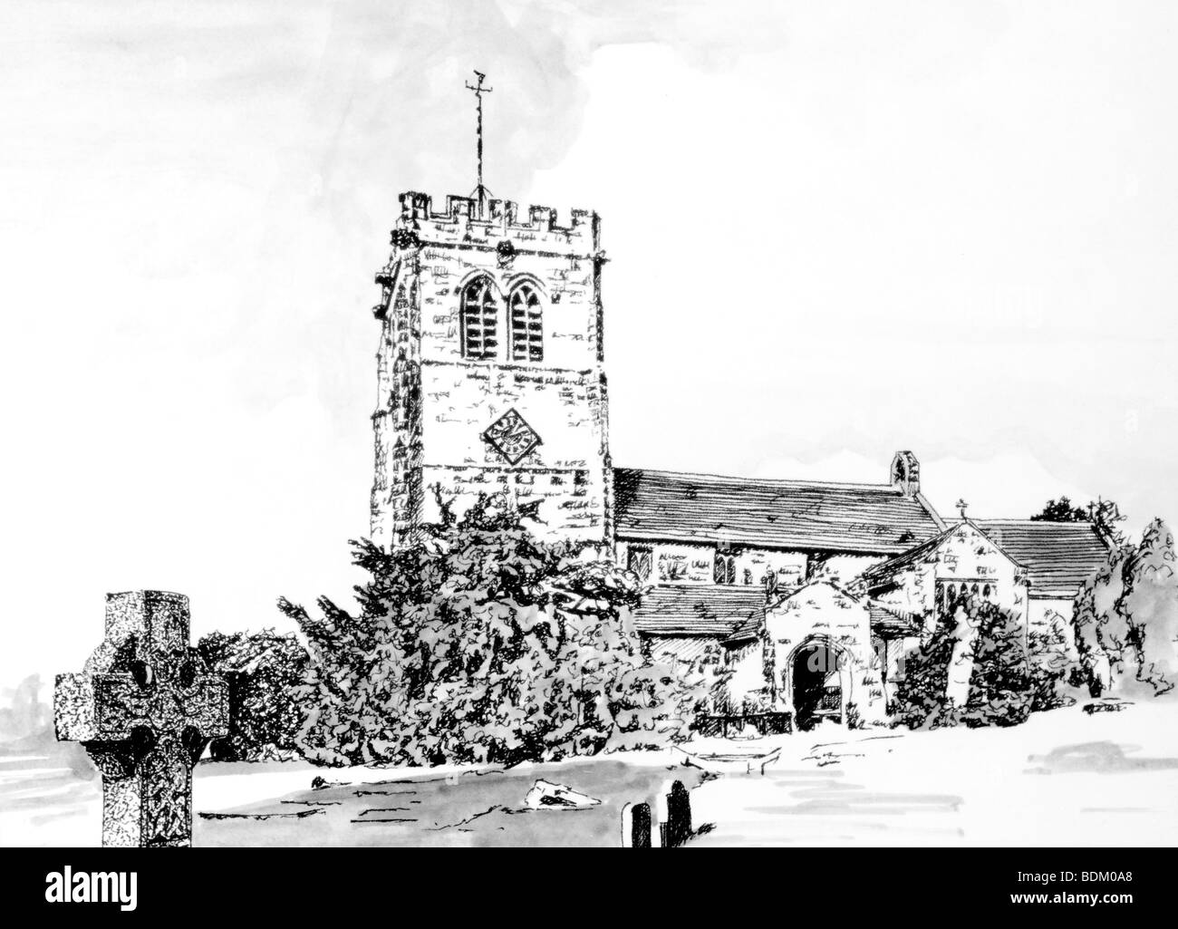 UK, Cheshire, Nether Alderley, Saint, Marys Parish Church, pencil and wash drawing Stock Photo