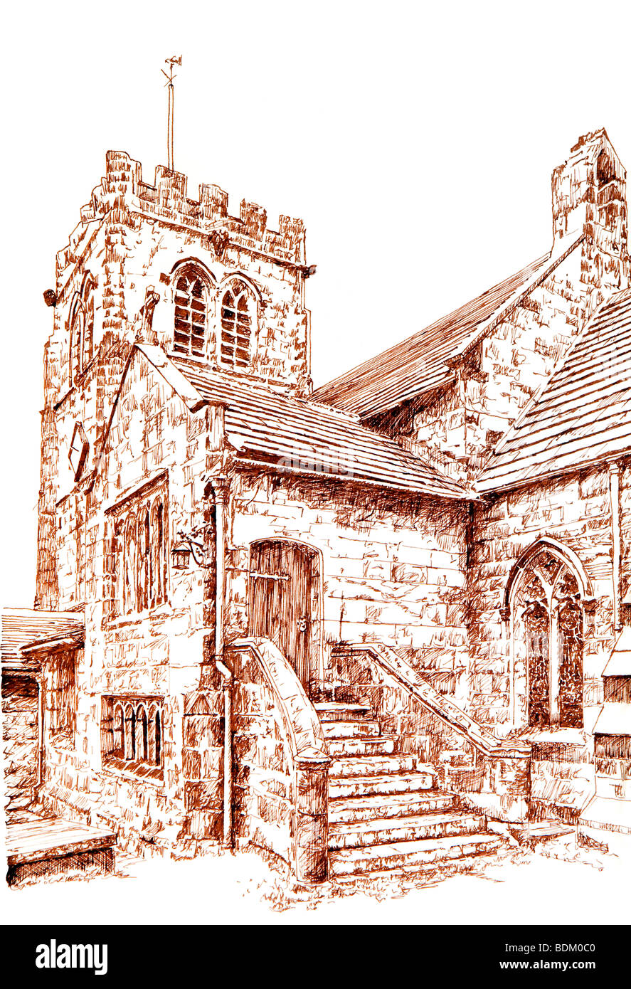UK, Cheshire, Nether Alderley, Saint, Marys Parish Church, exterior steps to Stanley Pew private entrance sepia line drawing Stock Photo