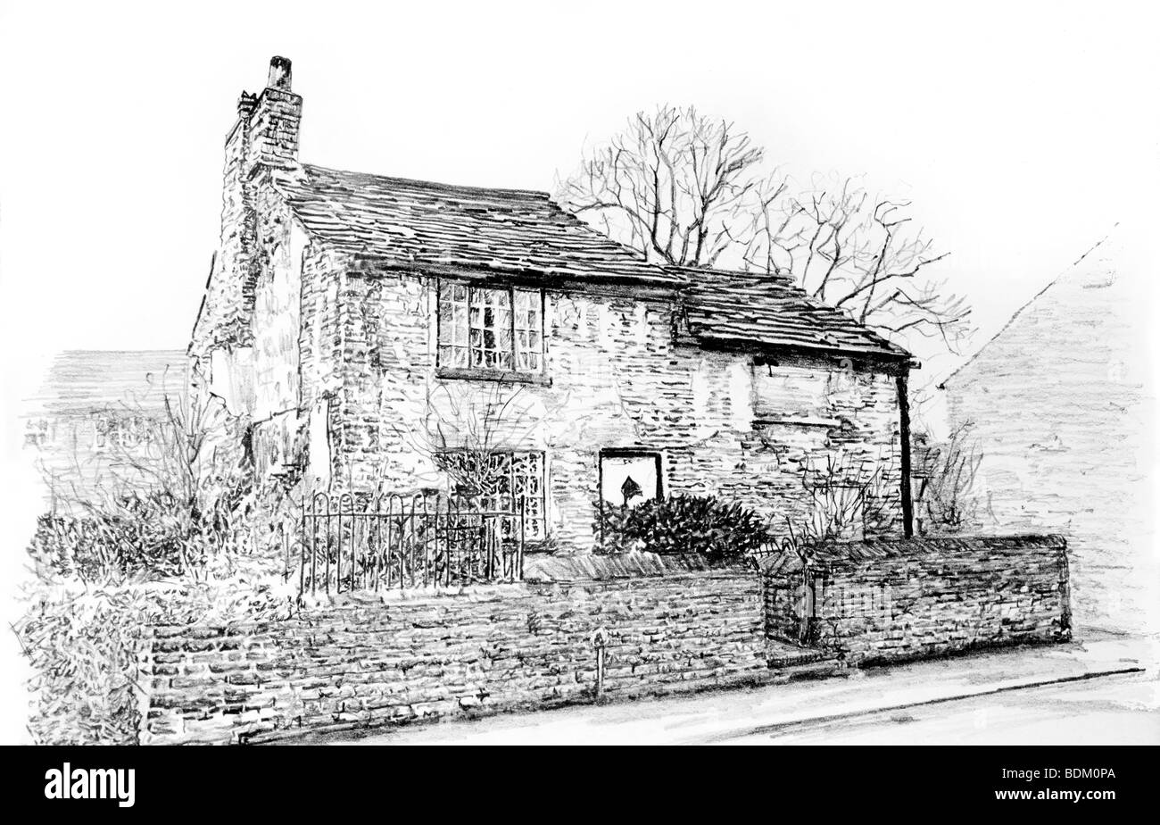 UK, Cheshire, Bollington, Palmerston Street, small unrenovated village cottage pencil drawing Stock Photo