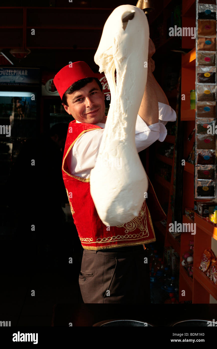 Man working dondurma, traditional Turkish icecream Stock Photo