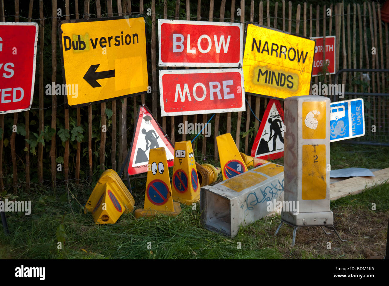 Road signs at the at the Glastonbury Festival 2009 Stock Photo