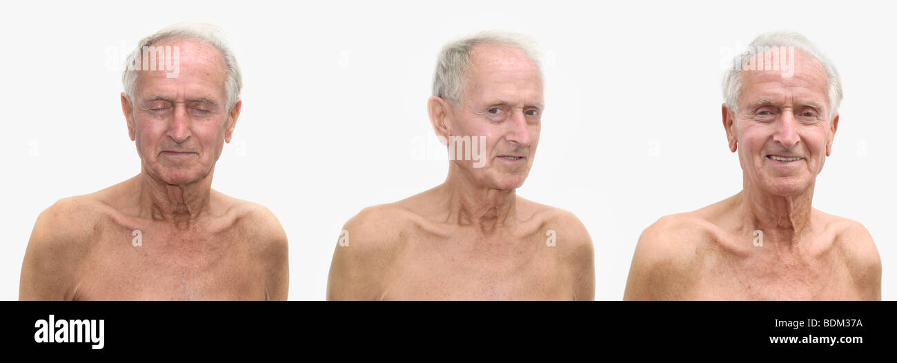 Montage of three images of the same old man with different facial expressions. Stock Photo