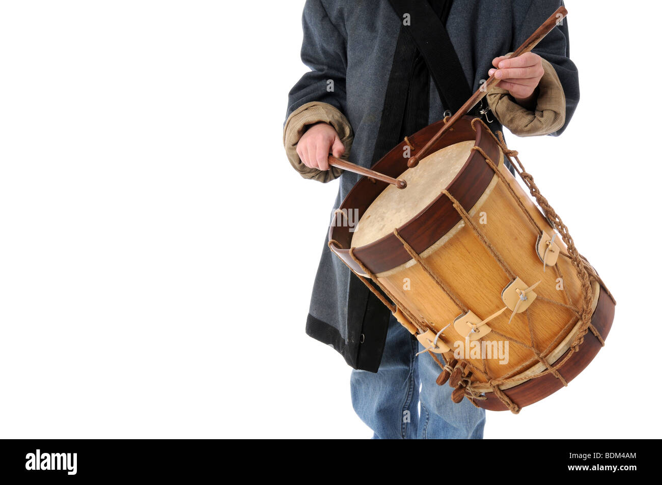 Drummer boy with copyspace isolated over a white background Stock Photo